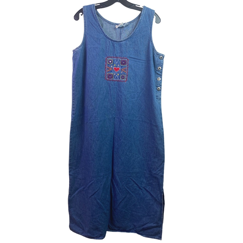 Carolina Blues Dress Womens‎ 14 Denim Embroidered Patchwork Teachercore 45" Long